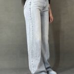 شلوار جین بگ زنانه فاق بلند آبی یخی مدل Wide Leg