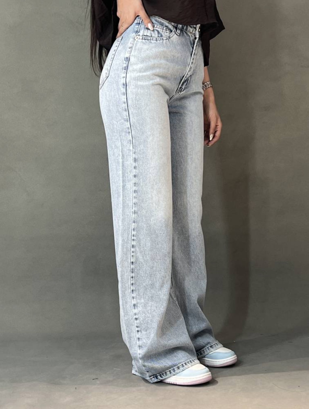 شلوار جین بگ زنانه فاق بلند آبی یخی مدل Wide Leg