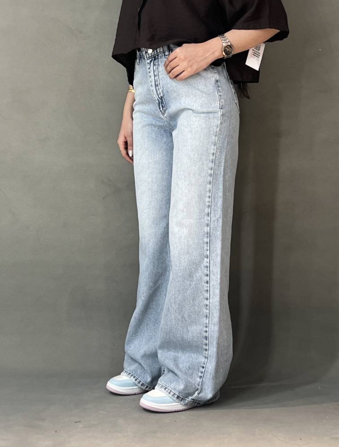 شلوار جین بگ زنانه فاق بلند آبی یخی مدل Wide Leg
