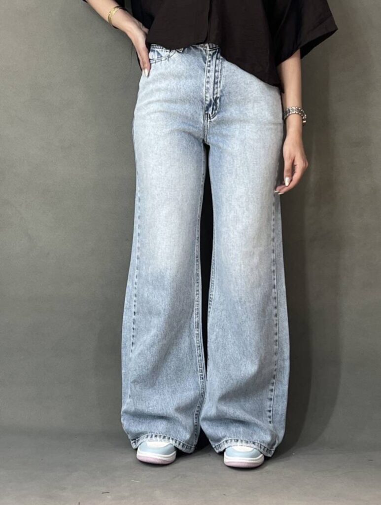 شلوار جین بگ زنانه فاق بلند آبی یخی مدل Wide Leg